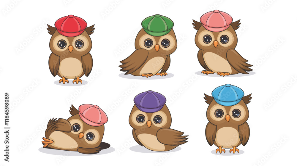 Obraz premium set of Cute Cartoon adorable owl wearing fancy caps isolated on a white background