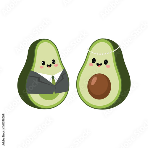 set of Cute Cartoon adorable Avocados male and female wearing fancy dress, isolated on a white background, different poses 