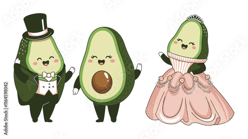 set of Cute Cartoon adorable Avocados male and female wearing fancy dress, isolated on a white background, different poses 