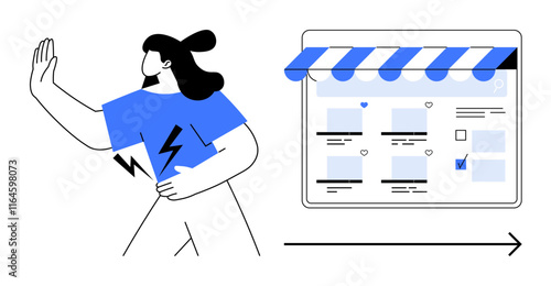 Woman with a raised hand and lightning bolt symbols rejecting an e-commerce webpage. Ideal for rejecting online shopping, digital resistance, consumer behavior, internet safety, privacy concerns