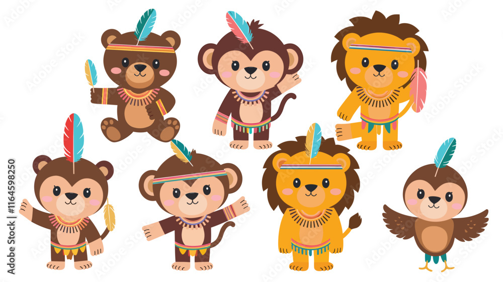 Fototapeta premium set of Cute Cartoon adorable tribal animals with feathers isolated on a white background, different poses, vector illustration 