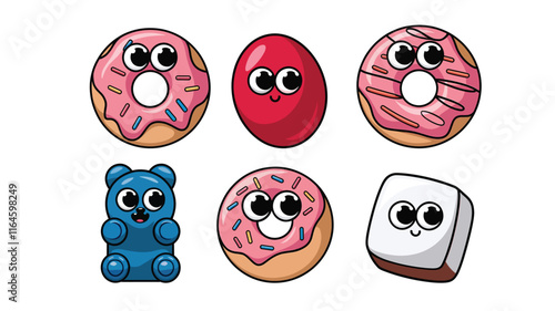 set of Cute Cartoon adorable sweets with eyes isolated on a white background, different poses 