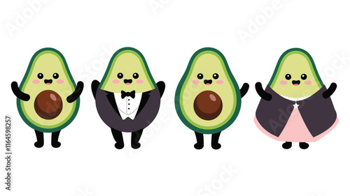 set of Cute Cartoon adorable Avocados male and female wearing fancy dress, isolated on a white background, different poses 