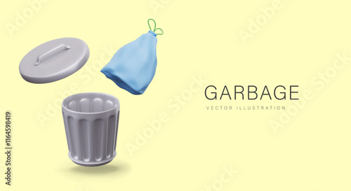 3D garbage bag, metal can with lid. Set for public service advertising. Devices and goods for careful storage of garbage. Horizontal concept with place for text, button