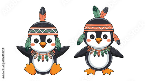 Cute Cartoon adorable tribal Penguin with feathers and wigwam isolated on a white background, different pose, vector illustration 