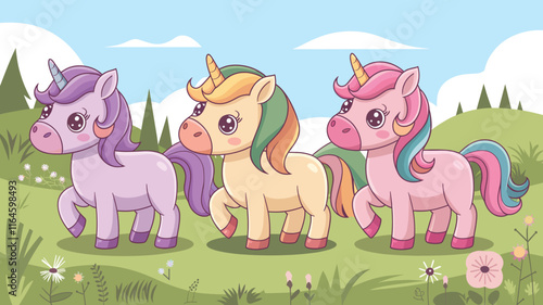 Set of Cute Cartoon Unicorn illustrations