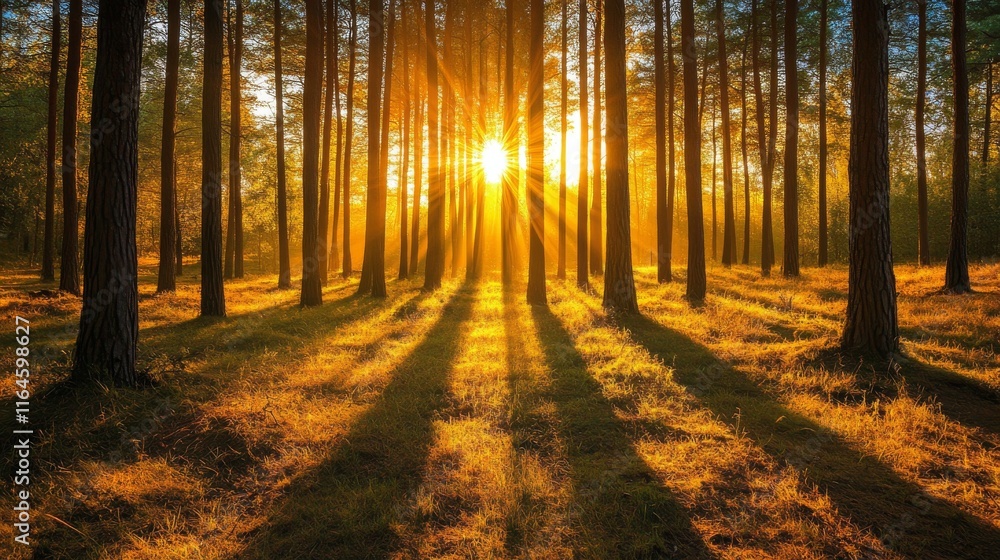 Obraz premium Captivating sunrise in a pine forest with sunlight casting long shadows through the trees, creating a serene and magical atmosphere.