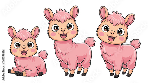set of hand drawn Cute Cartoon adorable Pink Lama isolated on a white background, different poses, vector illustration 