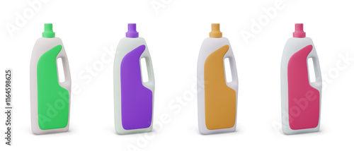 Set of plastic bottles with labels of different colors. Container for chemicals, detergents. Packaging with handle. Vector mockups on white background