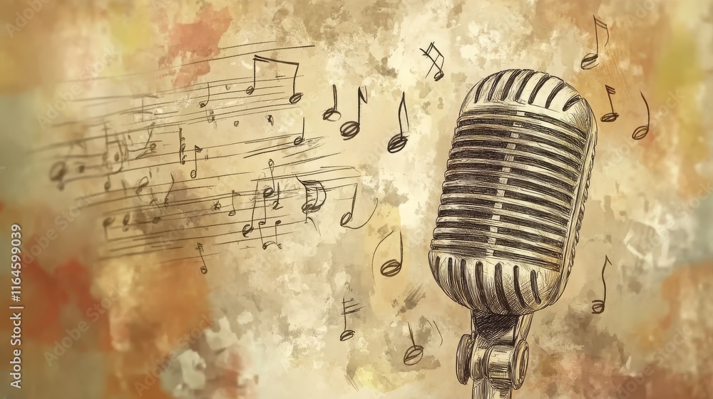 Fototapeta premium Hand-drawn vintage microphone with music notes on a blurred background.