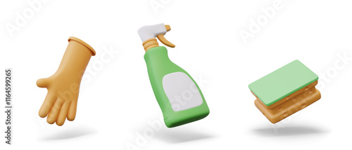 Set of cleaning icons in 3D cartoon style. Isolated rubber glove, sponge, plastic bottle with spray nozzle and empty label. Vector tools and detergents