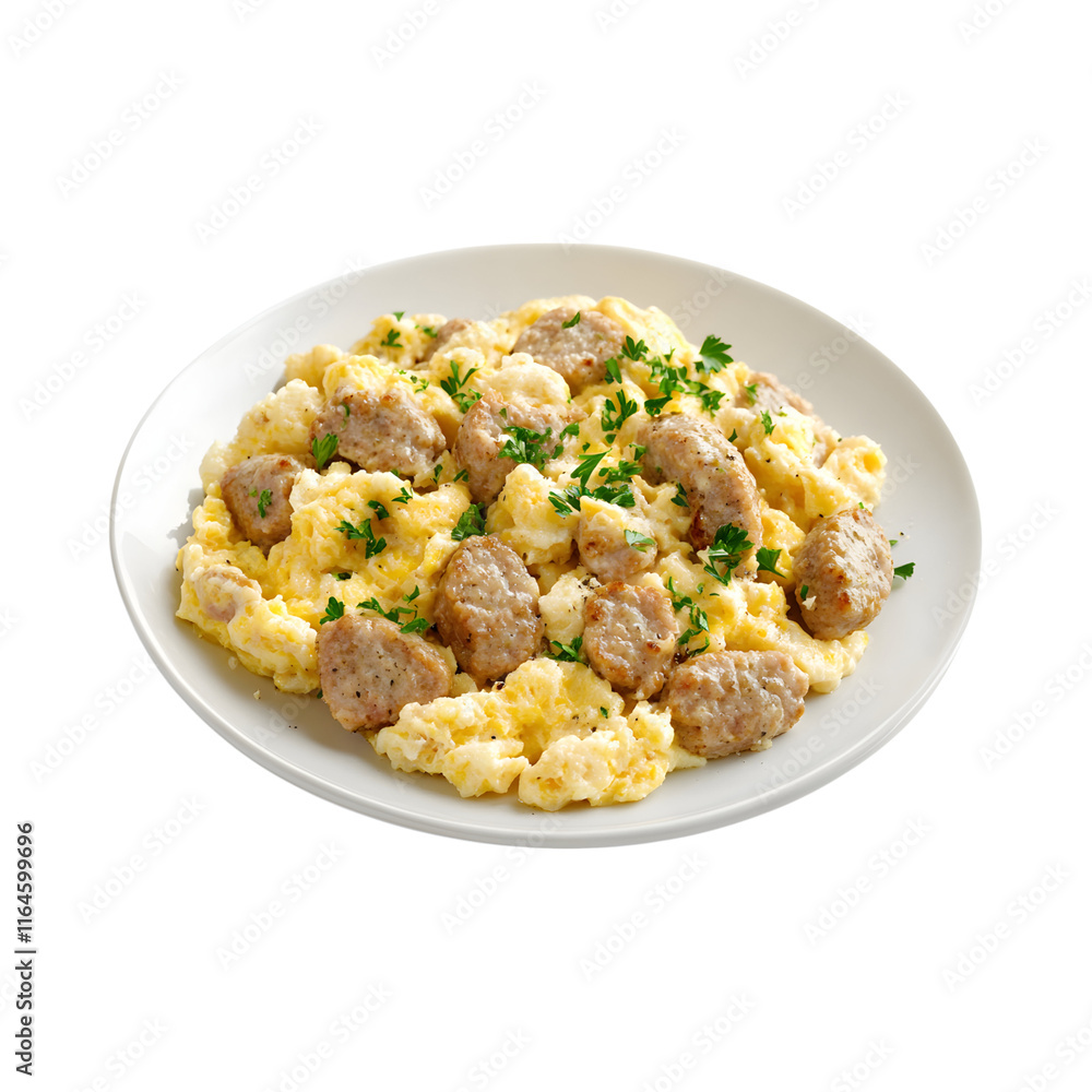 Savory Turkey sausage and egg white scramble isolated on transparent background Savory Turkey sausage and egg white scramble isolated on transparent background