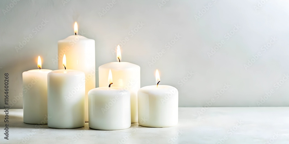A serene arrangement of white pillar candles with gentle flames glows softly against a neutral, minimalist background. The composition offers generous copy space for text, designs, or branding. A serene arrangement of white pillar candles with gentle flames glows softly against a neutral, minimalist background. The composition offers generous copy space for text, designs, or branding.