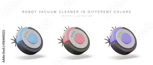 Set of realistic robot vacuum cleaners of different colors. Wireless electrical household appliances for indoor cleaning. Modern autonomous electronic device
