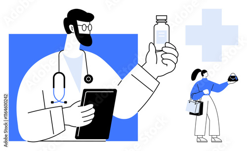 Doctor holding a medicine bottle and clipboard while a nurse in blue handles medical supplies. Ideal for healthcare, medical advice, teamwork, pharmaceuticals, healthcare services, medical