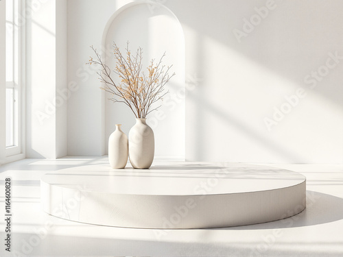 Minimalist Interior with White Platform, Arched Niche, Neutral Decor, Natural Light, Soft Shadows, and Modern Elegant Design Elements photo