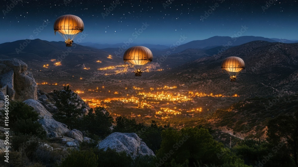 Obraz premium Night Sky with Hot Air Balloons Over a Scenic Valley