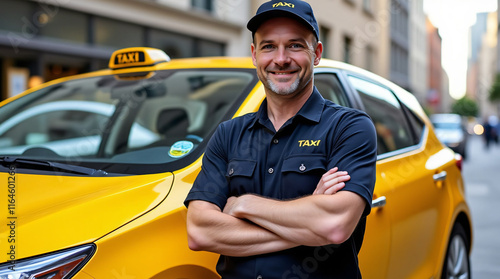 Smiling taxi driver with yellow taxi
