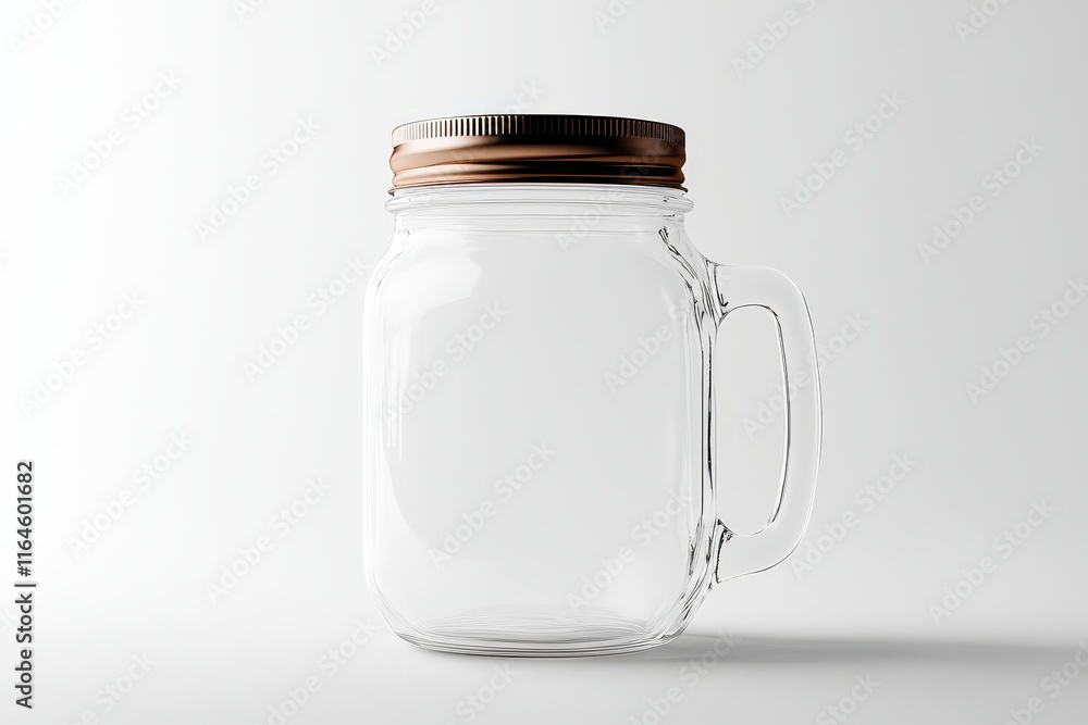 A clear glass jar with a lid. The lid is brown. The jar is empty. The jar is sitting on a white surface A clear glass jar with a lid. The lid is brown. The jar is empty. The jar is sitting on a white surface