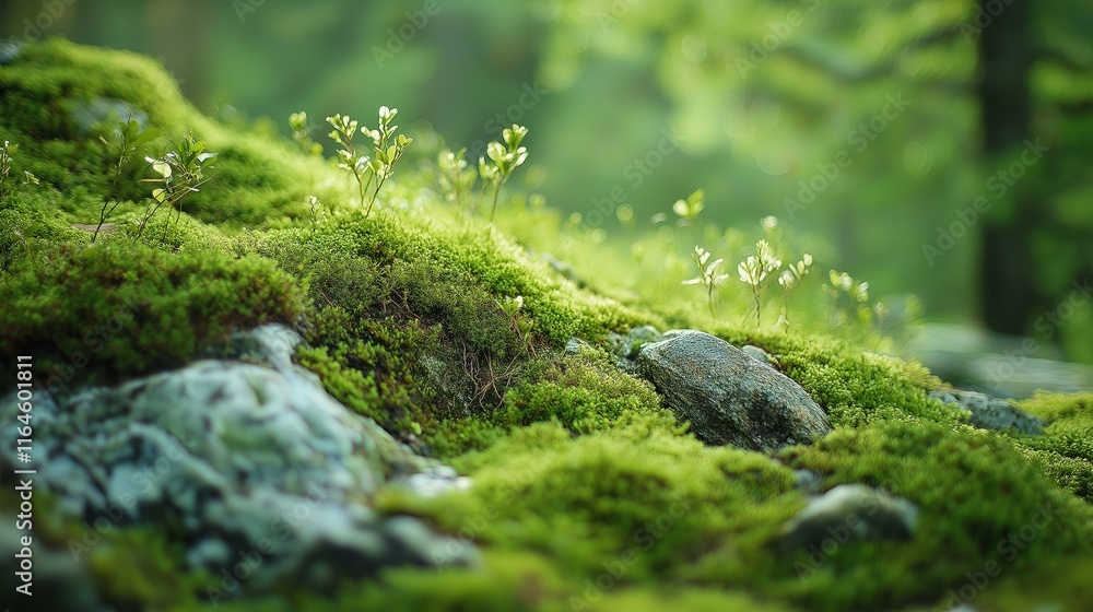 A lush green hillside with moss and wildflowers A lush green hillside with moss and wildflowers