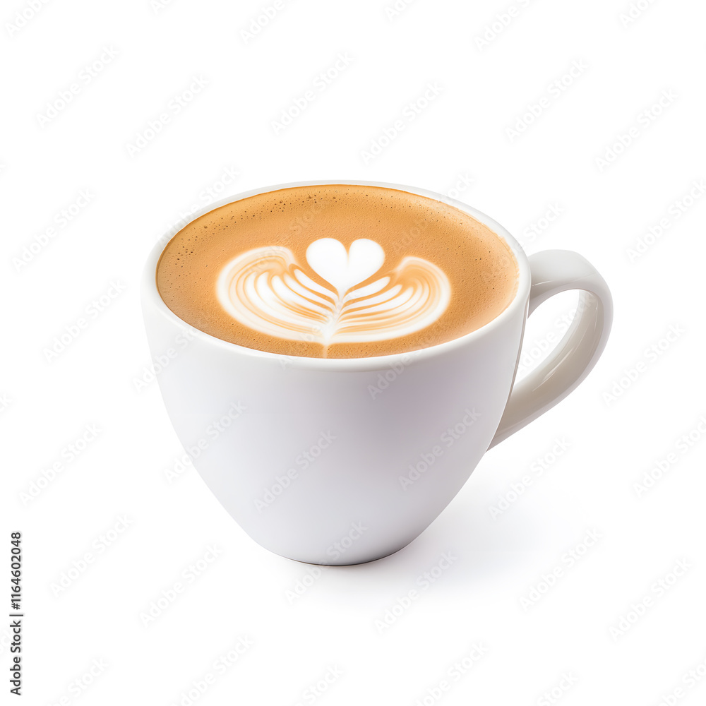 Side view a white cup of cappuccino coffee isolated on white background