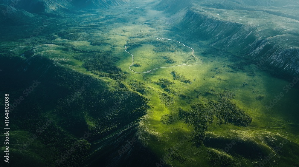 A lush green valley with a mountain in the background A lush green valley with a mountain in the background