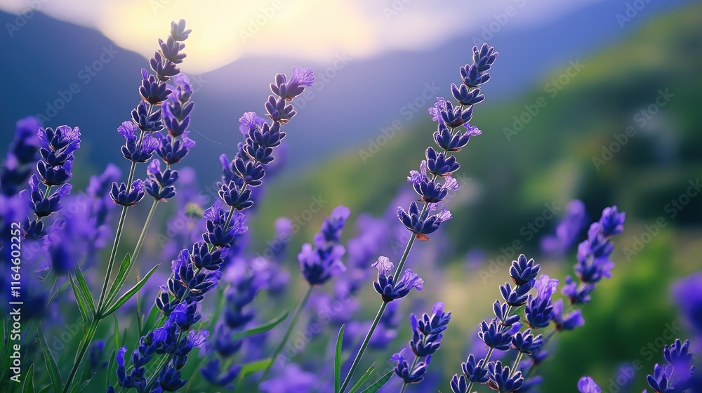 A field of purple lavender flowers with a mountain in the background A field of purple lavender flowers with a mountain in the background