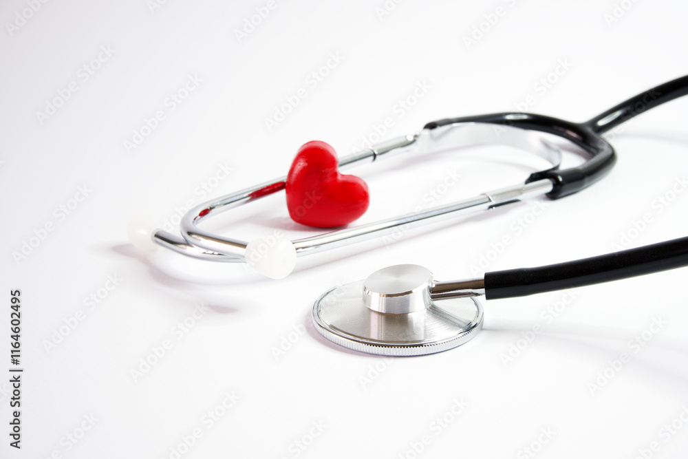 Stethoscope and red heart on white background, close up Stethoscope and red heart on white background, close up