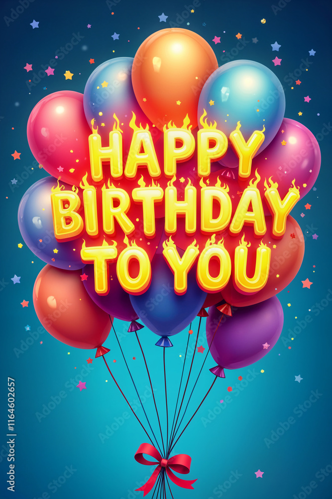 Holiday card. Colorful bouquet of balloons with the message Happy Birthday To You written on them, set against a blue background. Holiday card. Colorful bouquet of balloons with the message Happy Birthday To You written on them, set against a blue background.