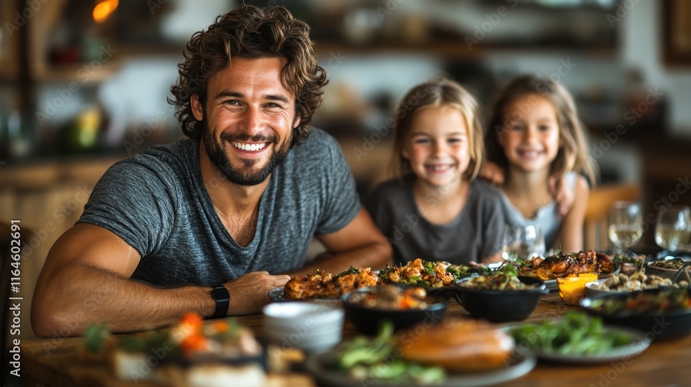A joyful gathering with a man and two children enjoying a meal together. A joyful gathering with a man and two children enjoying a meal together.