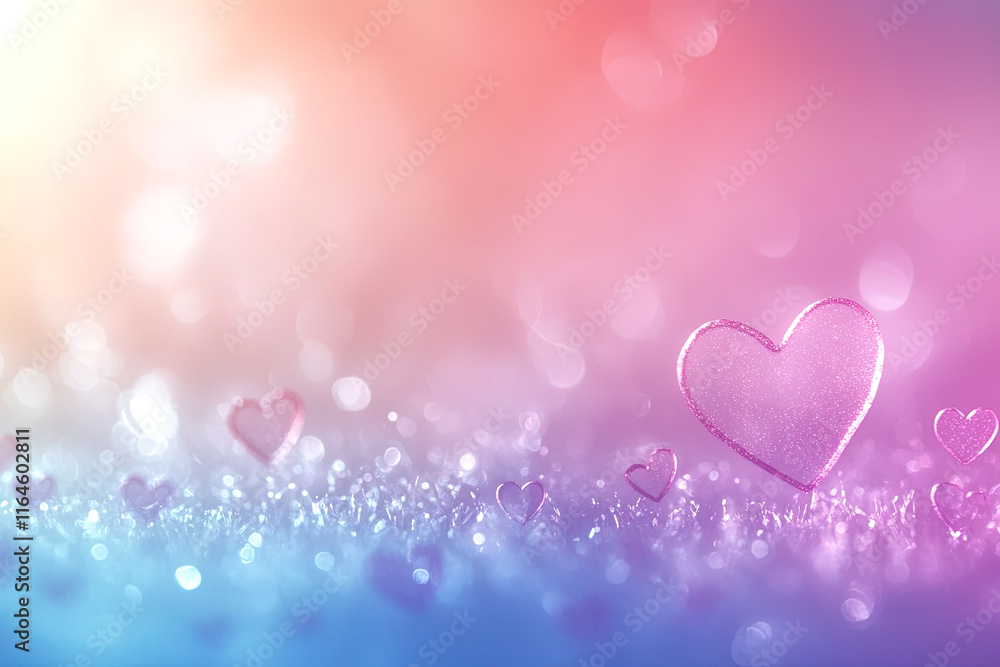 Pink hearts on a shiny background with soft lights to celebrate Valentine's Day, in pastel purple, orange and light blue. Pink hearts on a shiny background with soft lights to celebrate Valentine's Day, in pastel purple, orange and light blue.