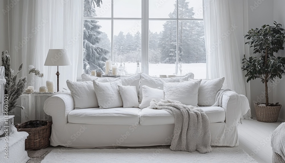 Fototapeta premium Cozy White Sofa in Snowy Winter Living Room Interior Design