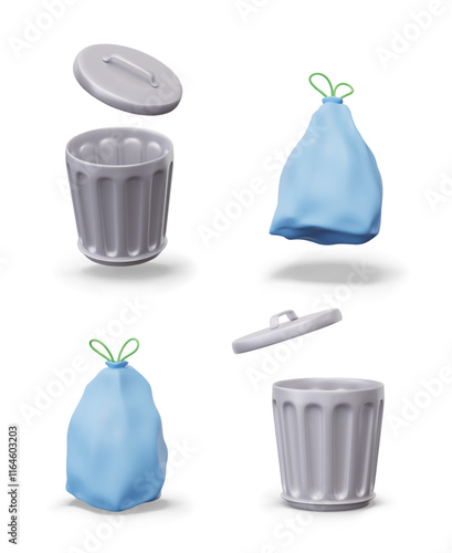 Round metal trash can with lid, trash bag with ties. Open aluminum container for household waste. Set of vector isolated templates in different positions