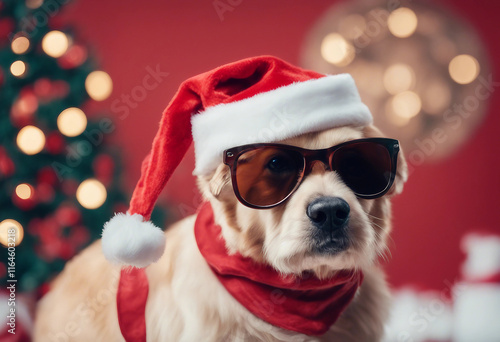 Merry Christmas concept holiday vacation winter animal pet greeting card Cool santa claus dog with s photo