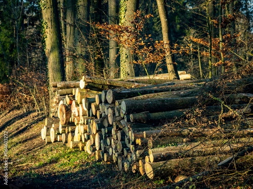 Markierte Baumstämme am Waldrand photo