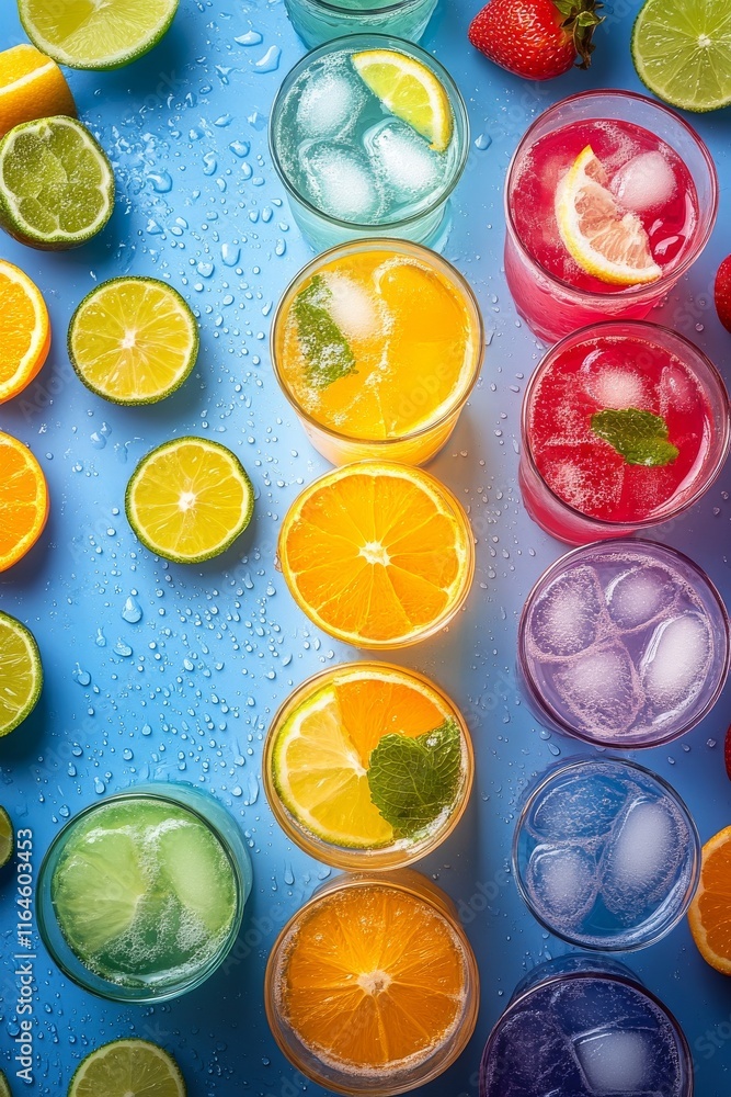 A row of colorful drinks with ice cubes and fruit slices. The drinks are in glasses of different colors and sizes A row of colorful drinks with ice cubes and fruit slices. The drinks are in glasses of different colors and sizes