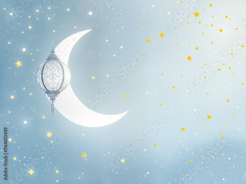 background themed ramadan month with hanging lantern and Crescent moon photo