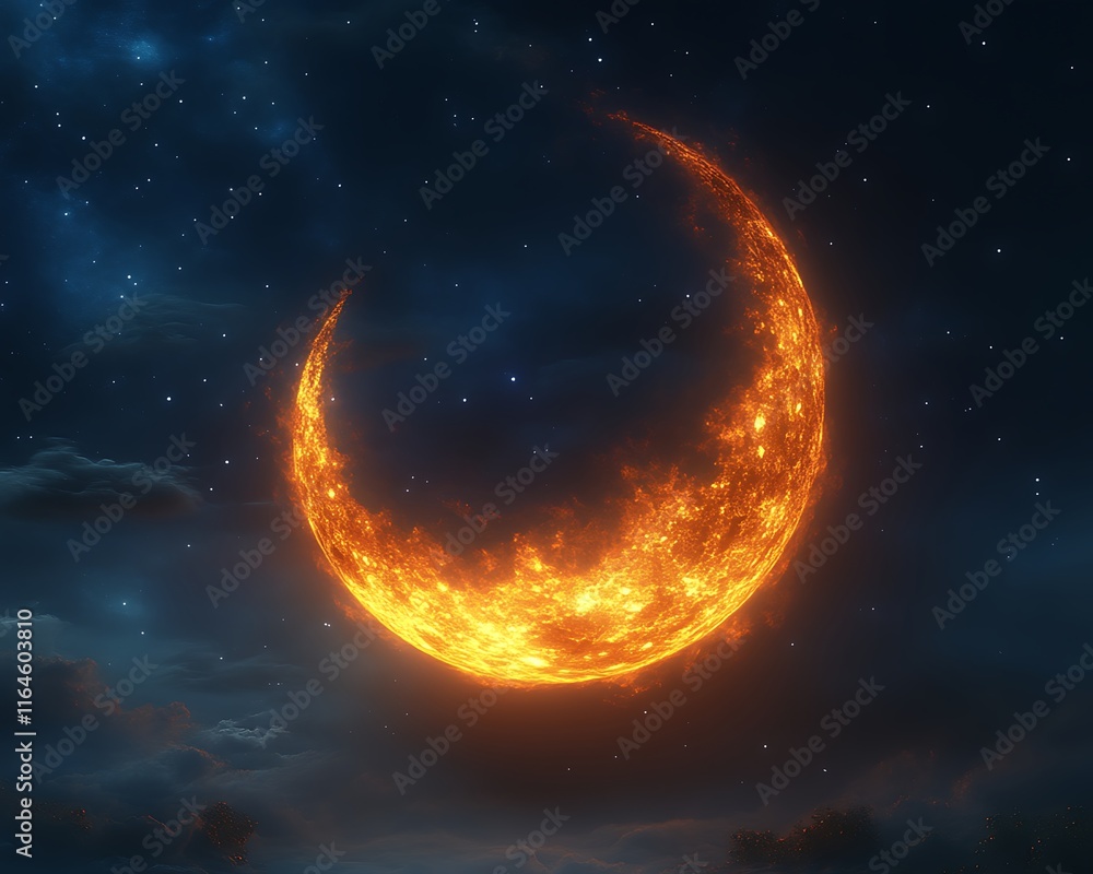Fiery crescent moon in night sky. (2) Fiery crescent moon in night sky. (2)