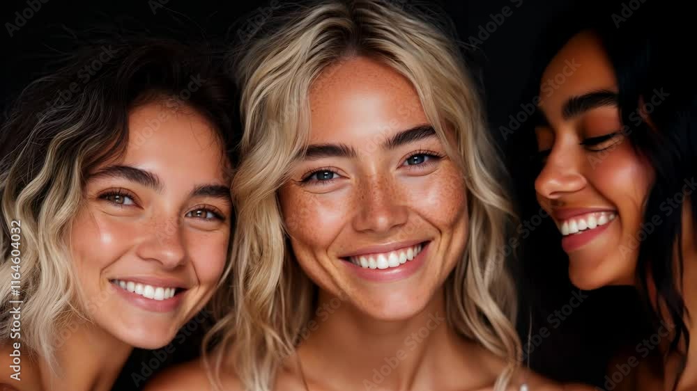 three diverse young models standing together smiling to camera against studio black background
three diverse young models standing together smiling to camera against studio black background