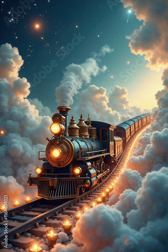 Surreal train journey through clouds dreamscape fantasy evening light