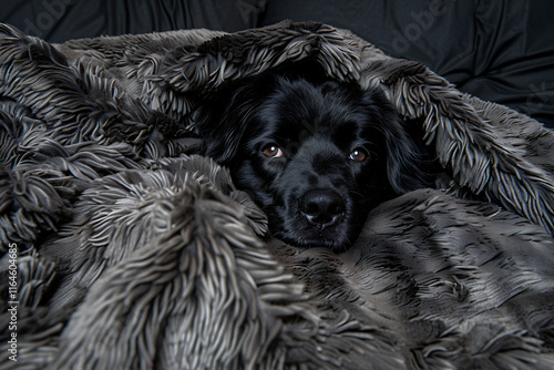 pet companionship, a newfoundland dog lounges on a plaid blanket, looking lovingly at its owner with a calm and protective aura photo