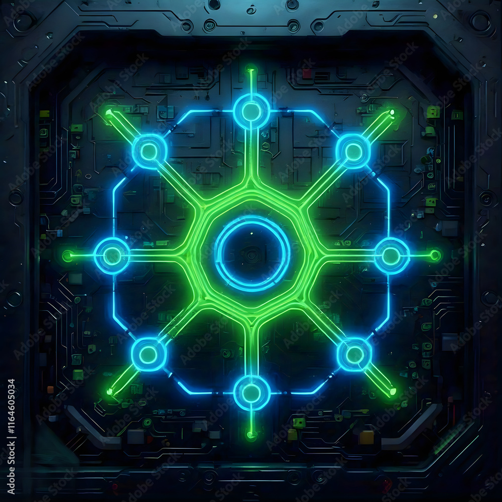 Cybernetic Core: Futuristic AI Circuit Board with Glowing Green and Blue Neon Nodes in a High-Tech Digital Network System Cybernetic Core: Futuristic AI Circuit Board with Glowing Green and Blue Neon Nodes in a High-Tech Digital Network System