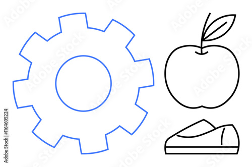 Outline of blue gear, black apple with leaf, and black shoe. Ideal for fitness, wellness, healthy living, productivity, exercise, nutrition, lifestyle themes. Line metaphor