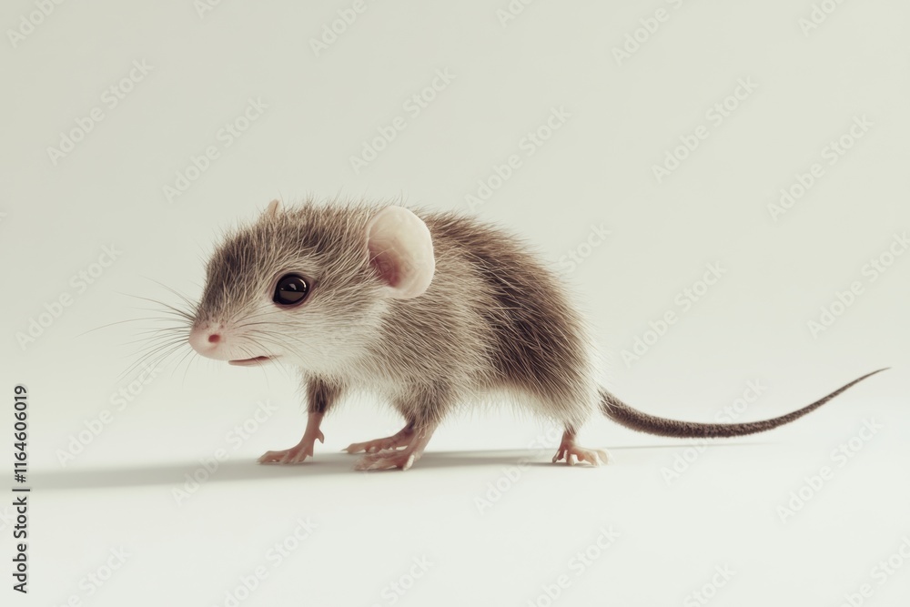 Close-up of a cute baby mouse with soft fur and large ears, standing on a plain background. Close-up of a cute baby mouse with soft fur and large ears, standing on a plain background.