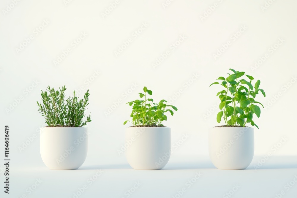 Three white pots with rosemary, basil, and mint plants on a light background, showcasing a minimalist herb garden. Three white pots with rosemary, basil, and mint plants on a light background, showcasing a minimalist herb garden.