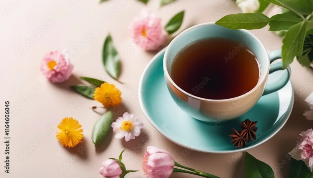 Turquise cup of tea on table. Turquise cup of fresh aromatic morning tea on table and flowers.. Spring aesthetic. Turquise cup of tea on table. Turquise cup of fresh aromatic morning tea on table and flowers.. Spring aesthetic.