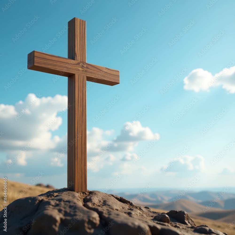 Soft focus image of wooden Christian cross against a hazy blue sky and white clouds, Abstract, Nature Soft focus image of wooden Christian cross against a hazy blue sky and white clouds, Abstract, Nature
