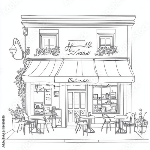 Line drawing of a charming street-side cafe with outdoor seating, awning, and potted plants.