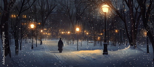 Winter Night Stroll in a Snow-Covered Park Illuminated by Warm Streetlights