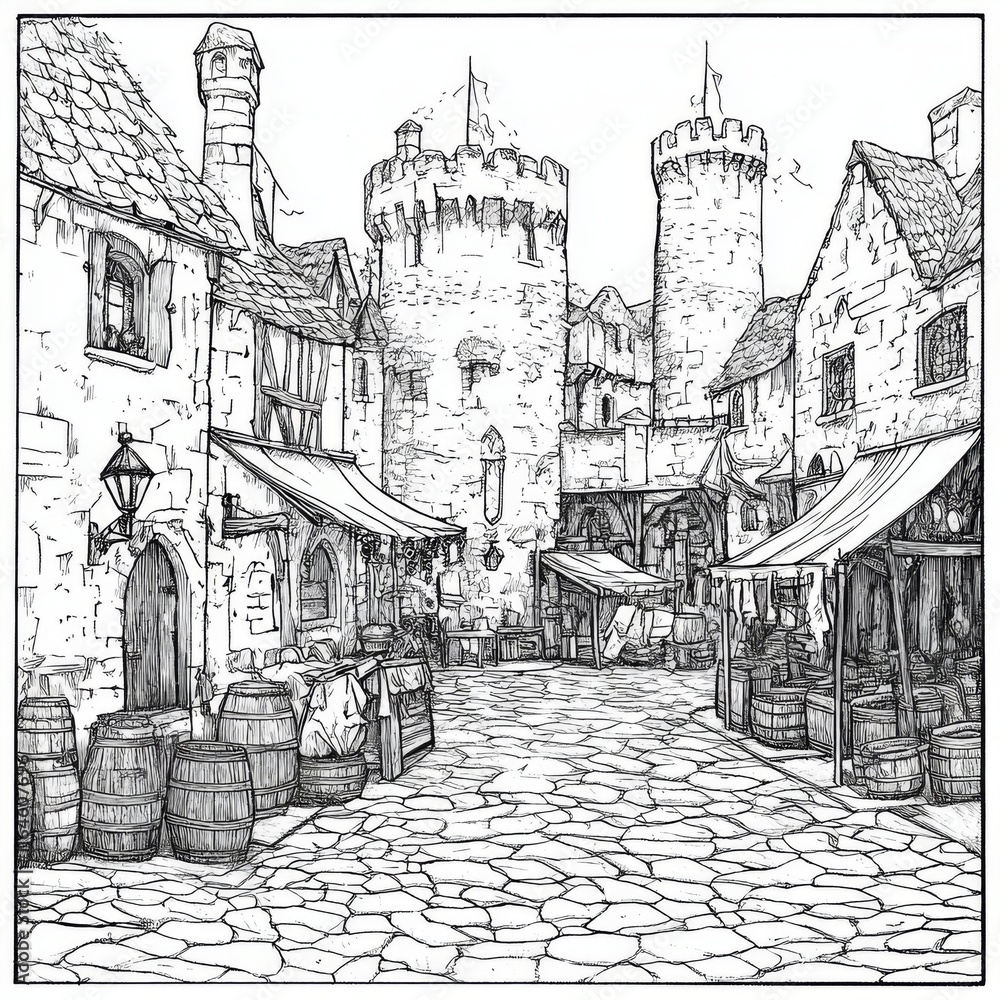 Fototapeta premium Medieval market street scene with stone buildings, stalls, and barrels.